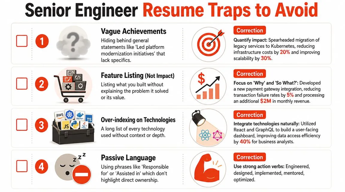 An infographic outlining four common senior engineer resume traps and how to correct them effectively.