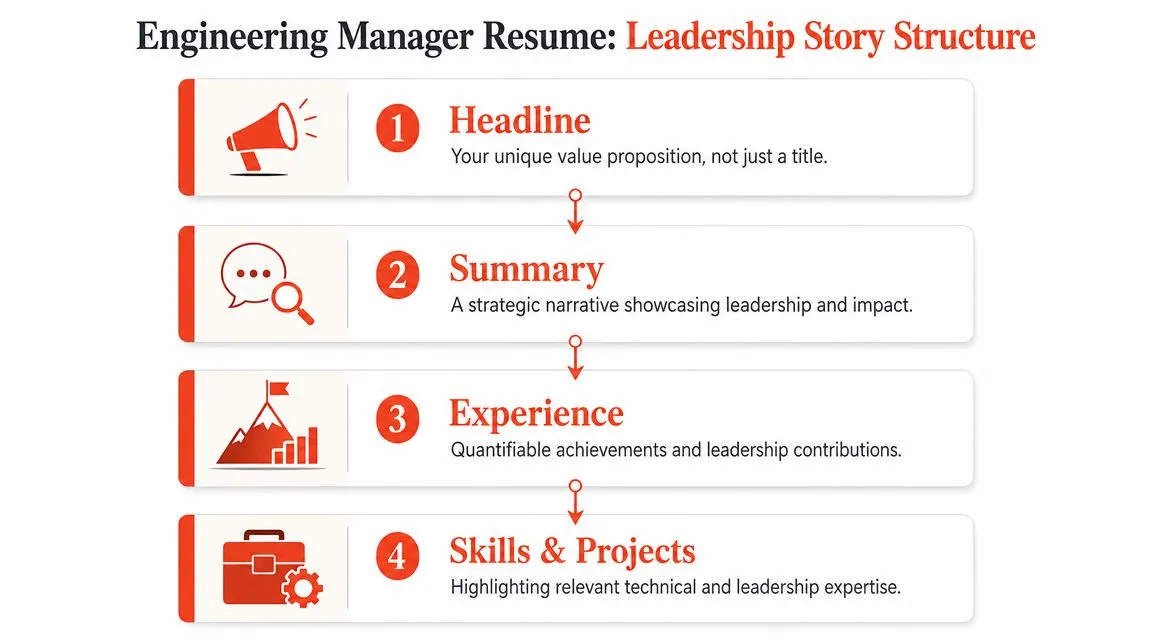 An infographic outlining the four key sections of an effective engineering manager resume leadership story structure.