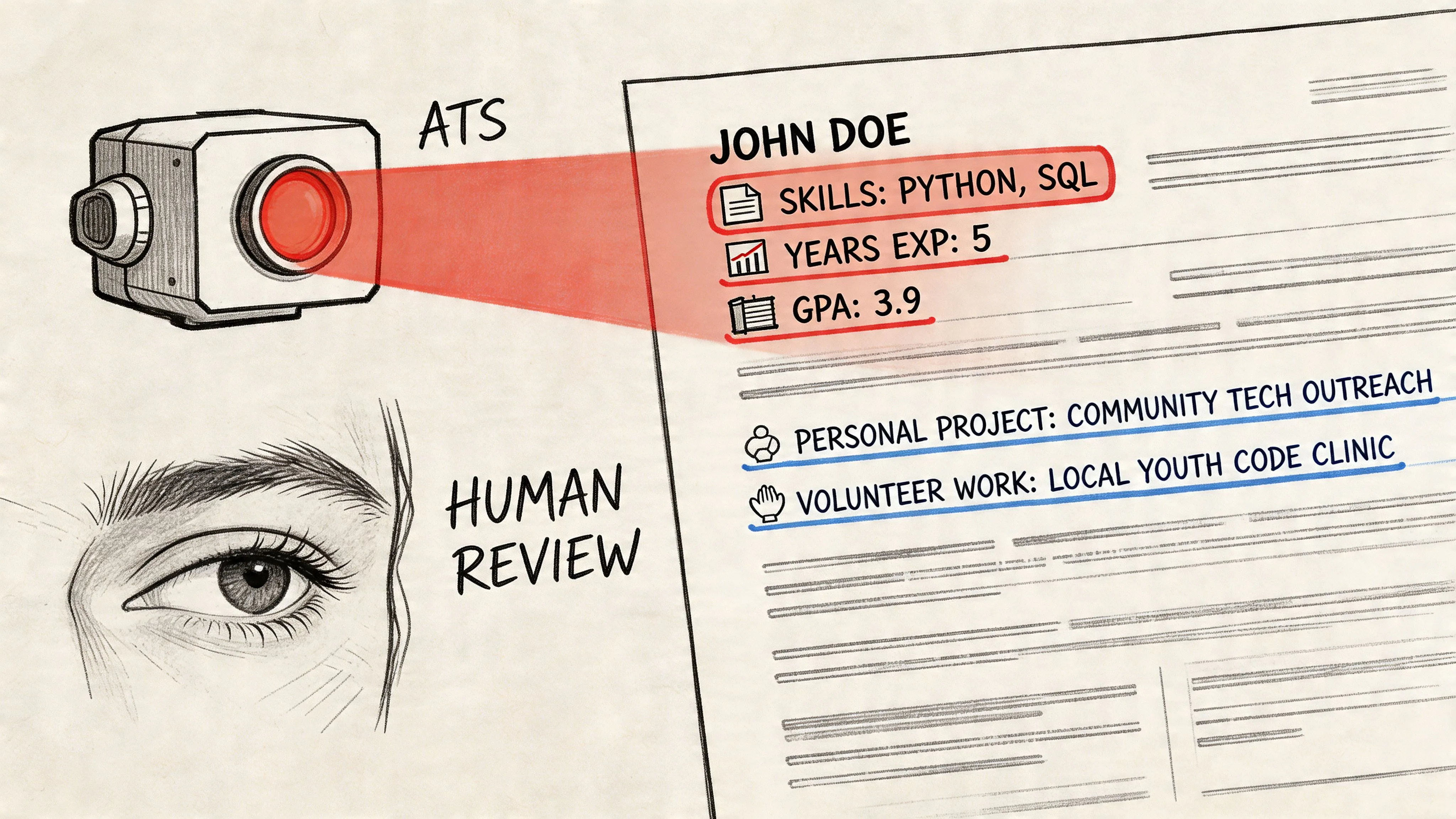 A conceptual illustration comparing ATS automated resume scanning with human review of a candidate's qualifications.