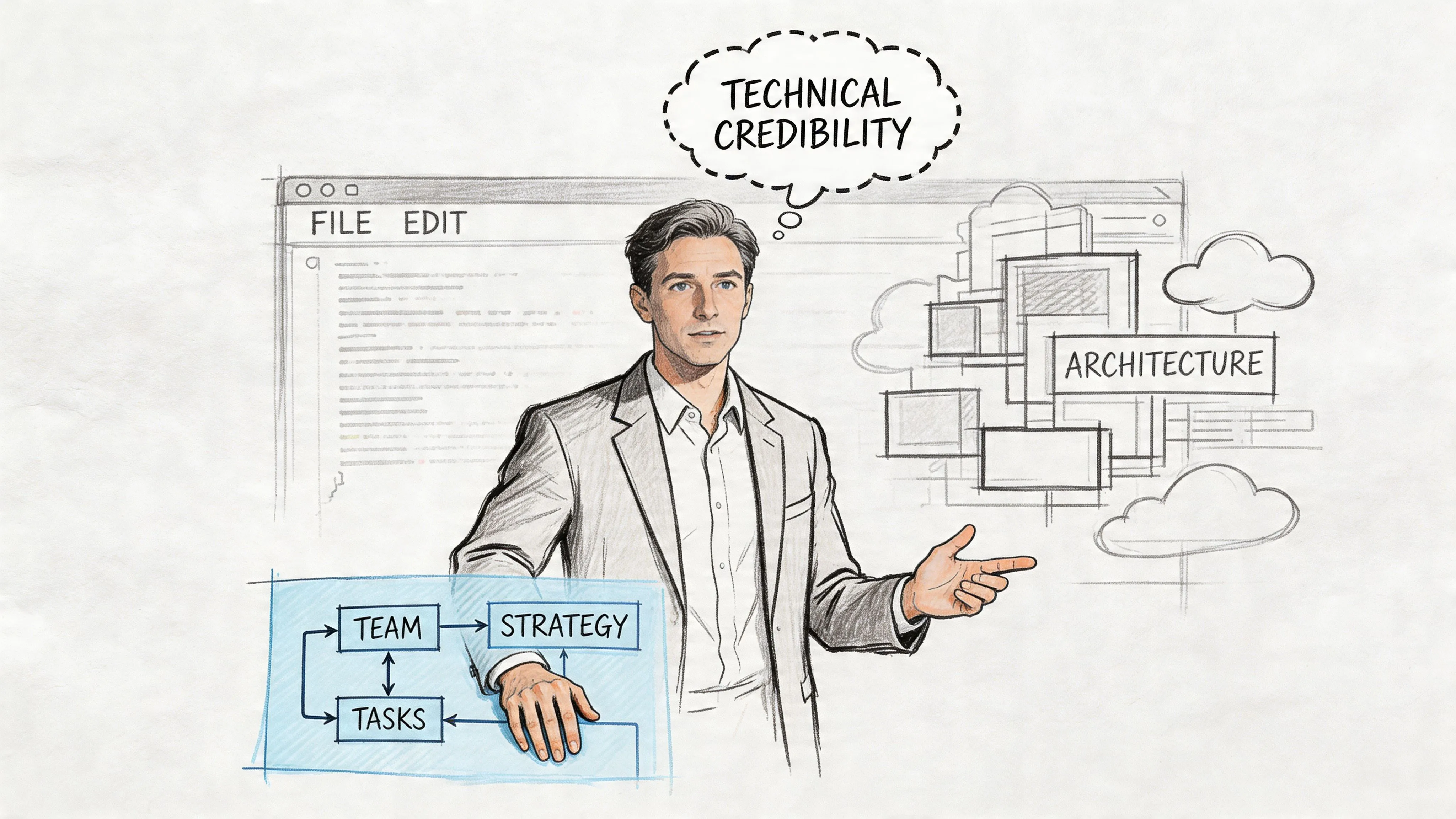 A professional man in a suit presenting concepts of technical credibility, architecture, and team strategy management.