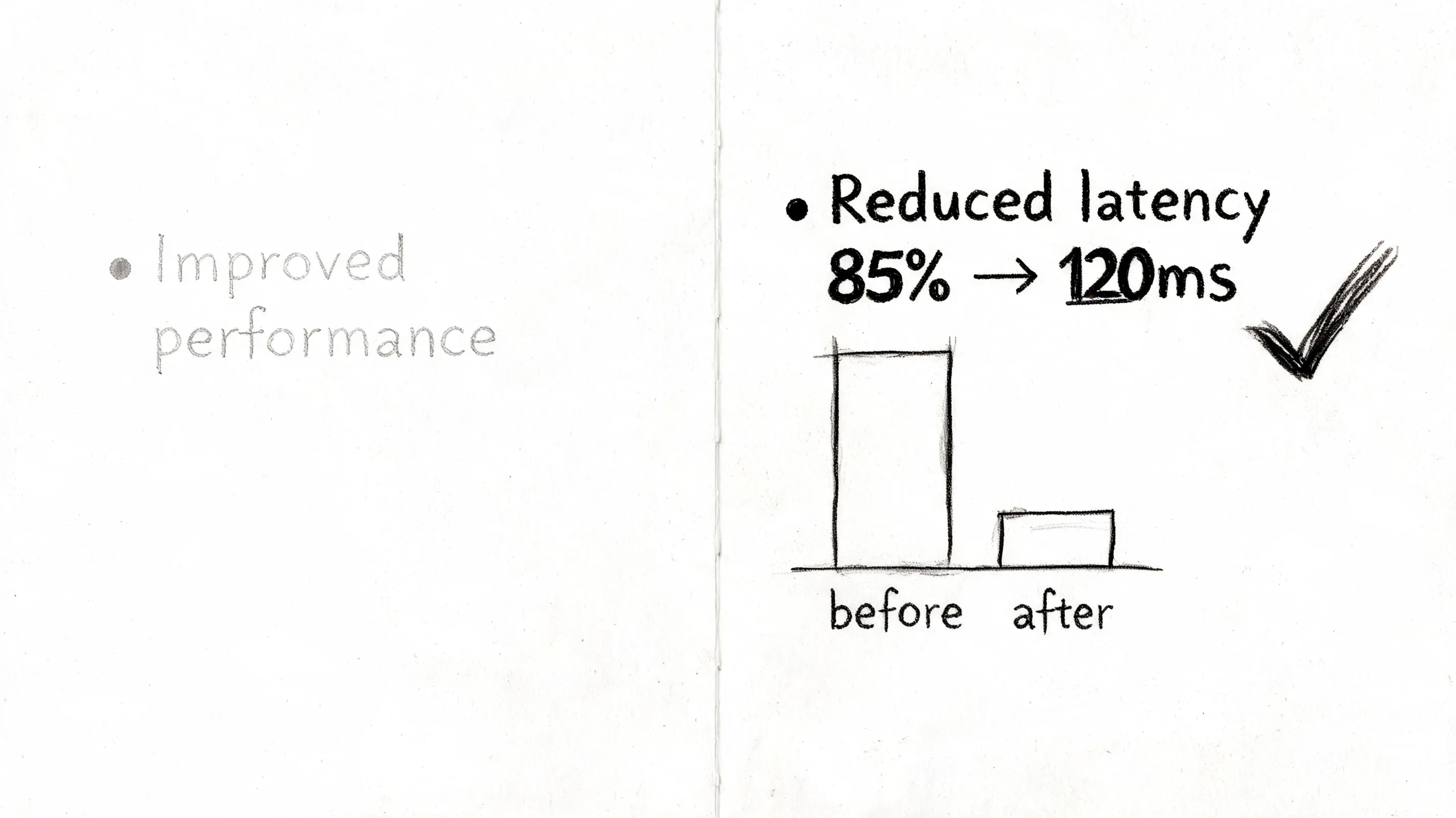 A hand-drawn illustration showing improved performance with reduced latency from 85 percent to 120 milliseconds.