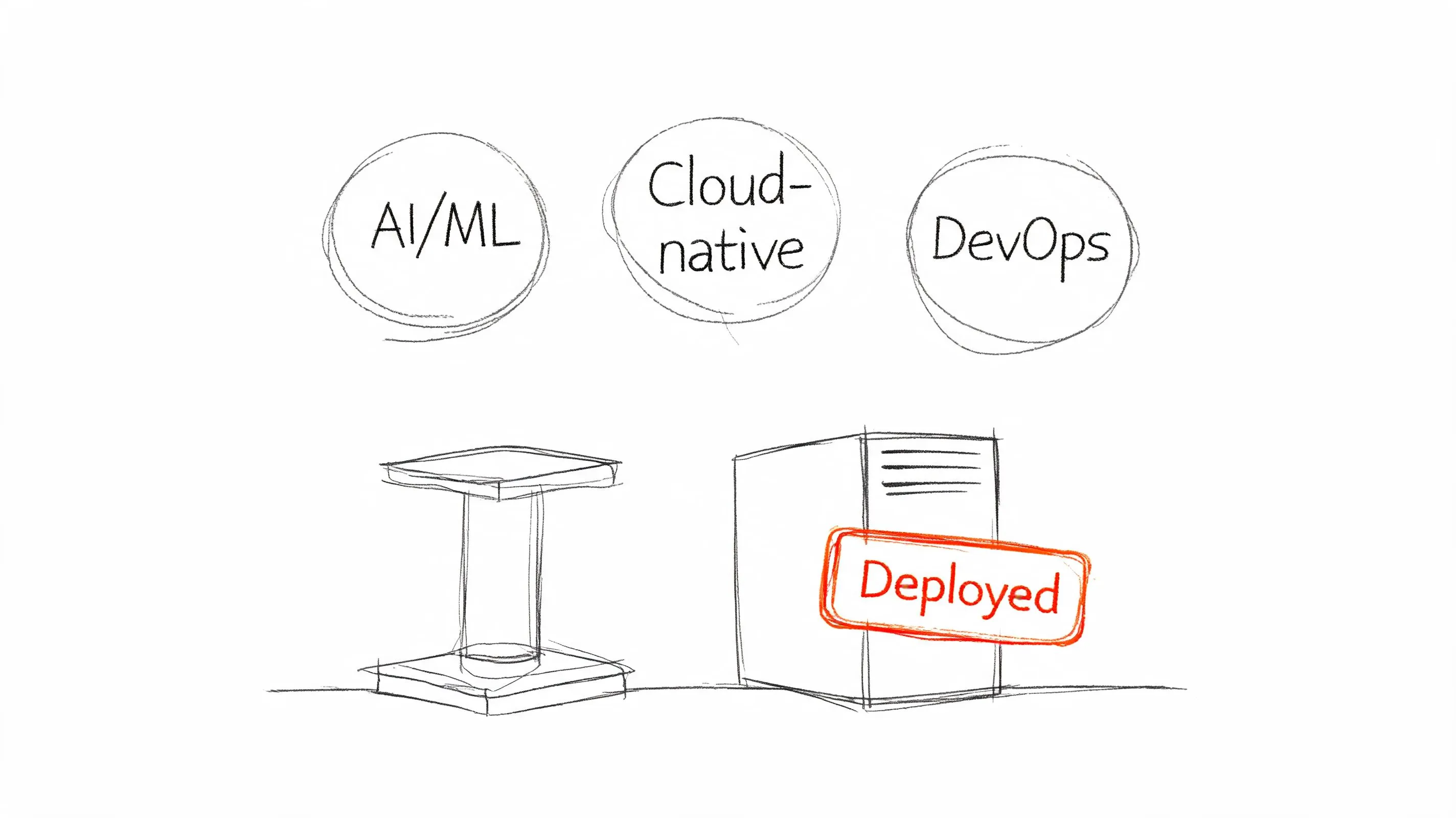 A hand-drawn sketch illustration featuring AI/ML, Cloud-native, and DevOps icons above a server with a Deployed label.