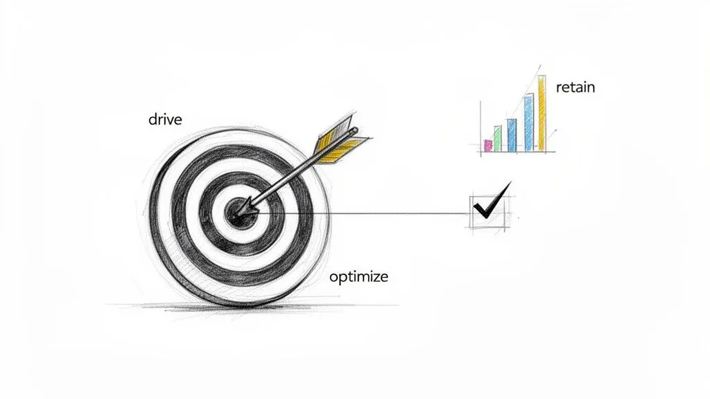 Illustration of a target with an arrow, symbolizing 'drive' and 'optimize', leading to 'retain' customers or growth.