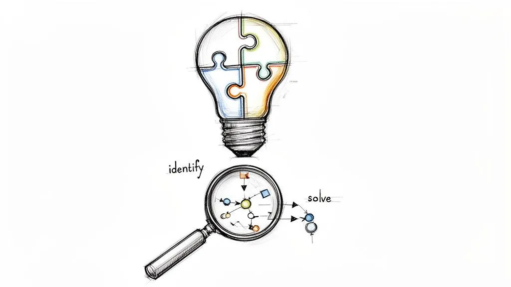Illustration of a puzzle piece light bulb above a magnifying glass identifying and solving a problem.