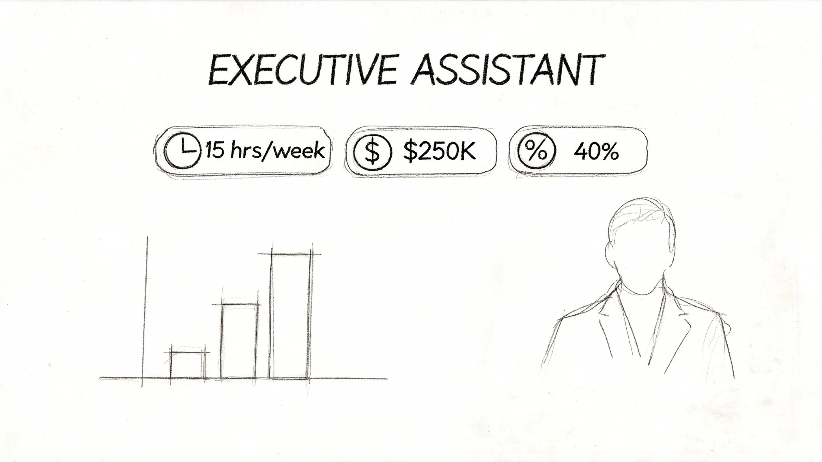 A minimalist sketch of an executive assistant job listing featuring time, salary, percentage metrics, and a bar chart.