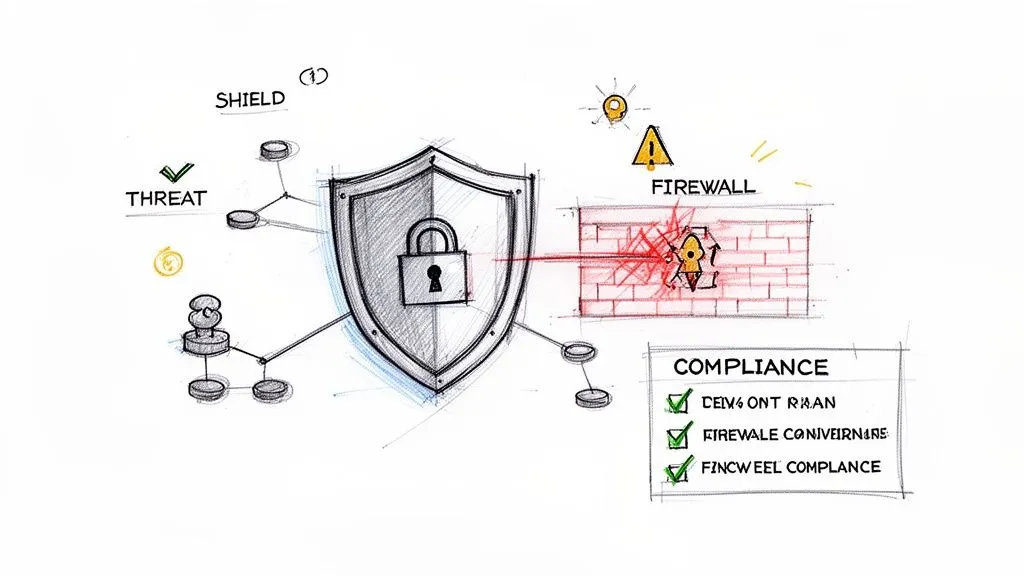 A hand-drawn diagram illustrating cybersecurity concepts with a shield, firewall, threats, and compliance checks.