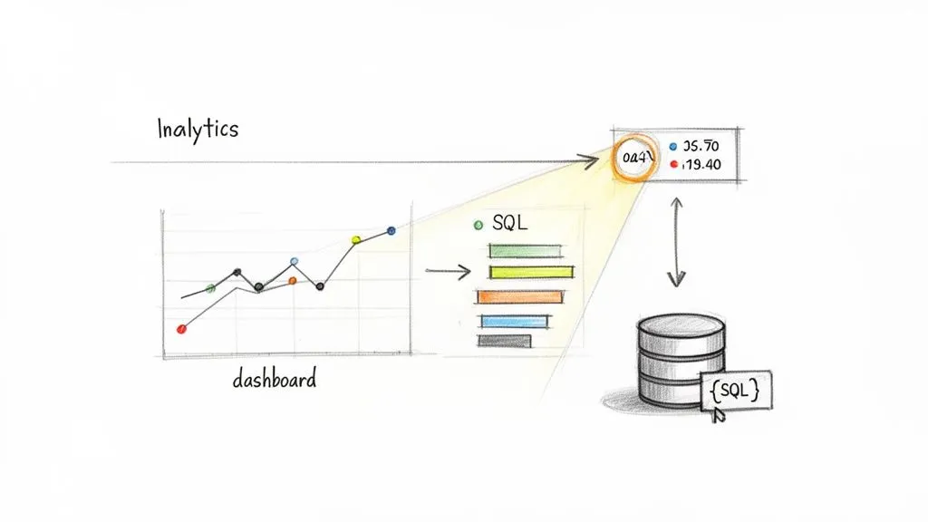 Hand-drawn diagram illustrating a data analytics workflow, from dashboard visualization to SQL database interaction.
