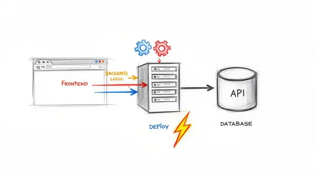 A hand-drawn diagram illustrating web application architecture: frontend, backend logic, API, and database.