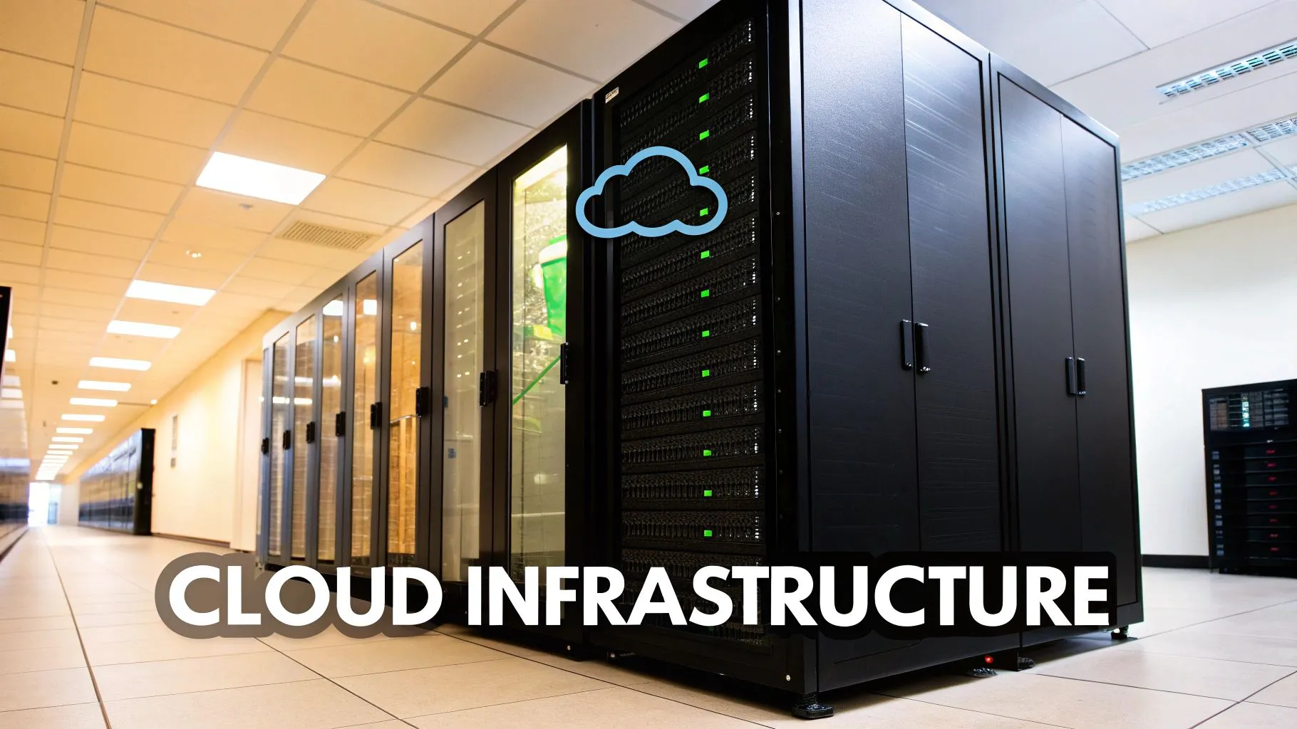 A data center or server room with rows of black server racks, a cloud icon, and 'CLOUD INFRASTRUCTURE' text.