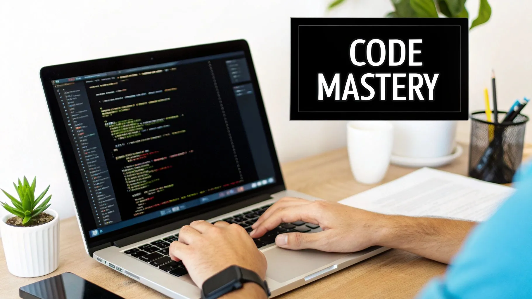 A person with a smartwatch typing code on a laptop, with a 'Code Mastery' sign visible.