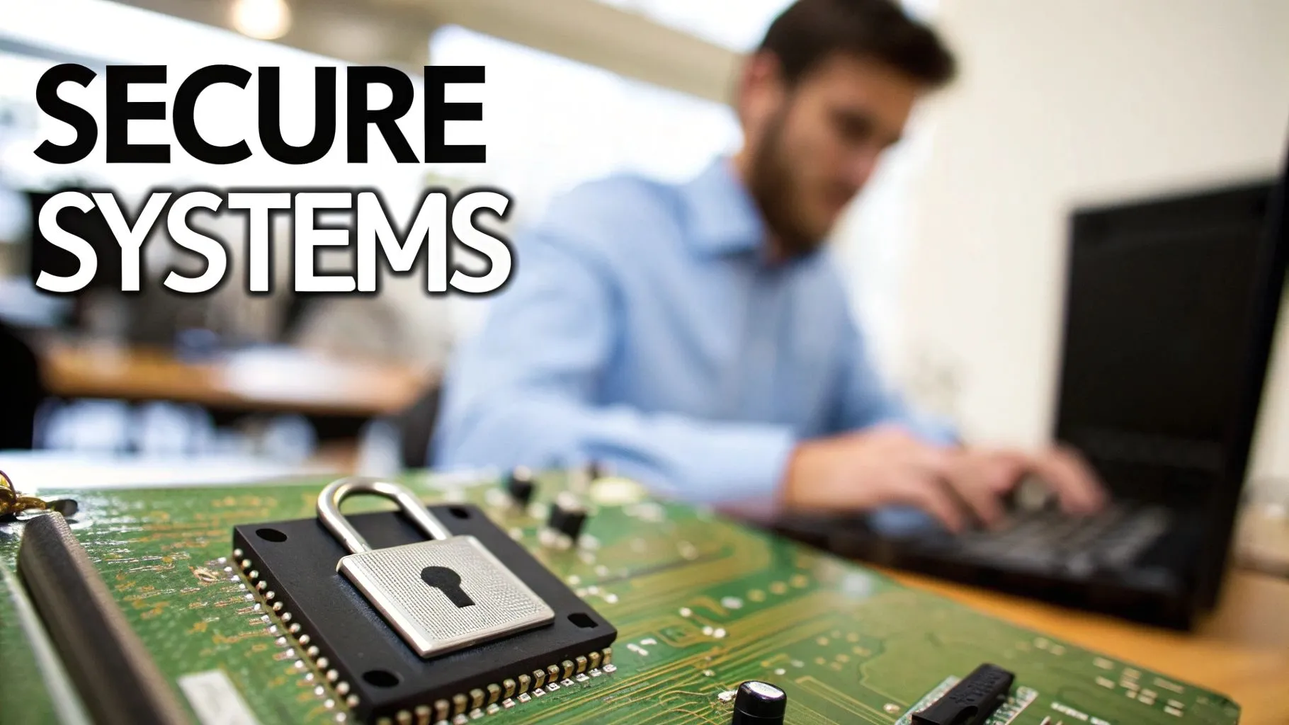 Text 'SECURE SYSTEMS' above a circuit board with a padlock and a person using a laptop.