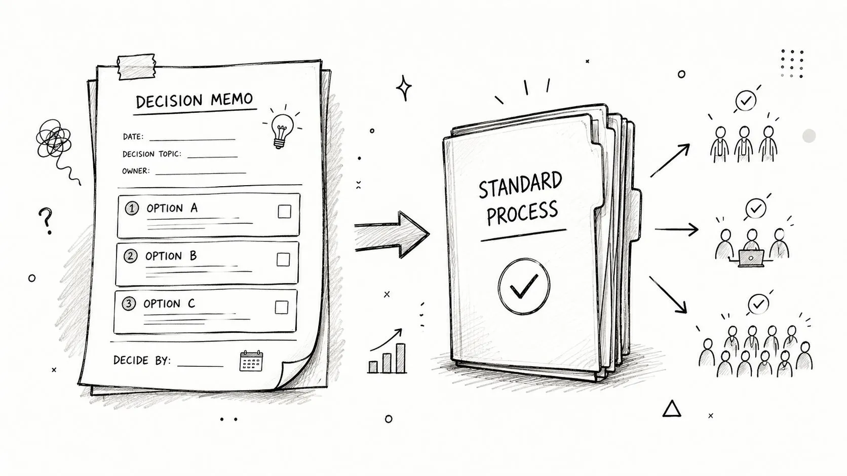 A hand-drawn illustration showing a decision memo transforming into a standard process document for teams.