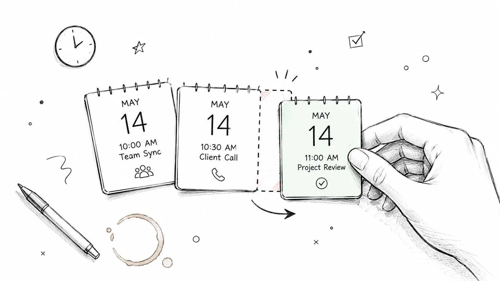 A hand arranging calendar reminders for meetings, representing an organized schedule for an executive assistant's workday.