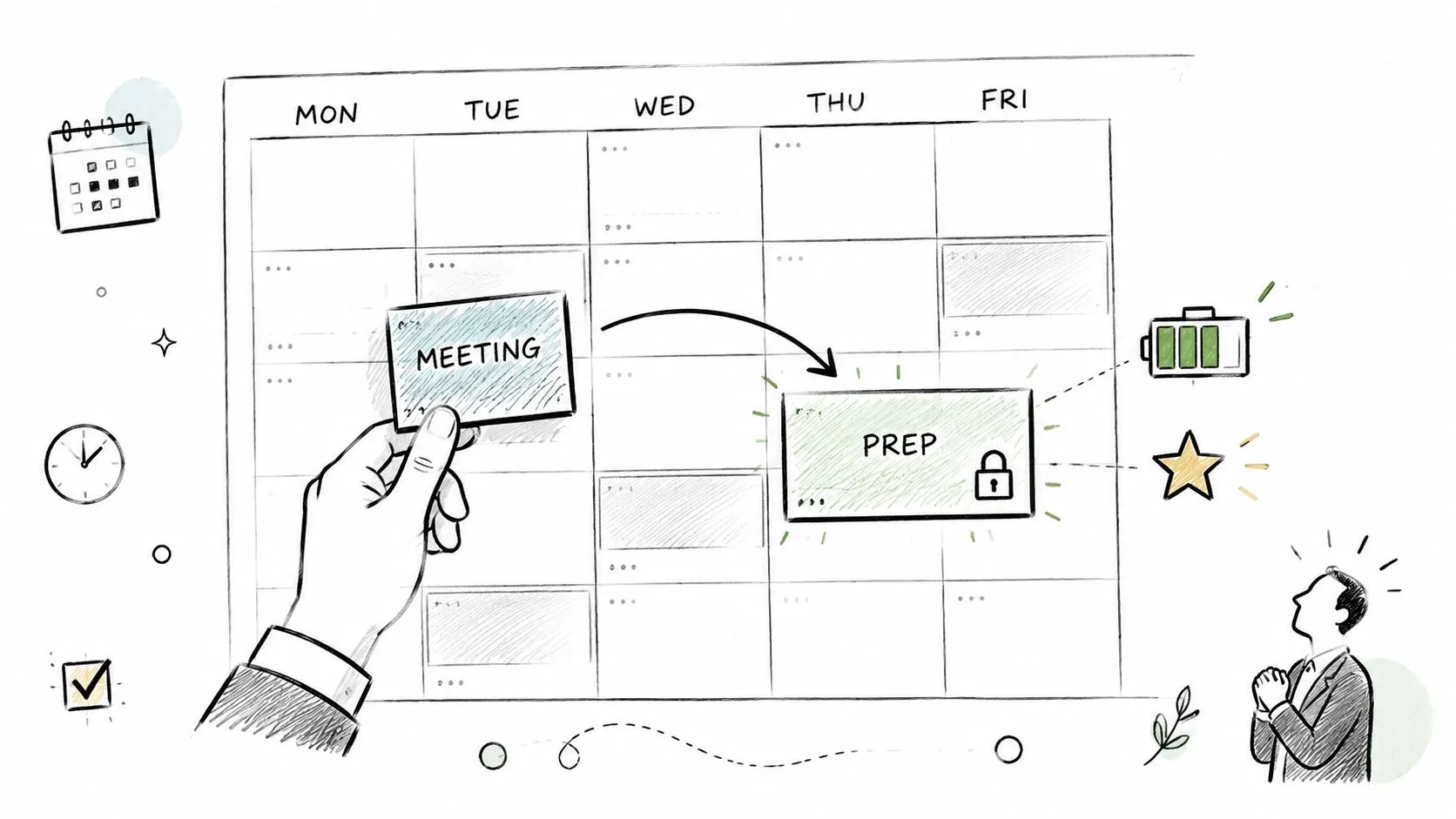 A hand moving a meeting card into a locked prep slot on a weekly work calendar.