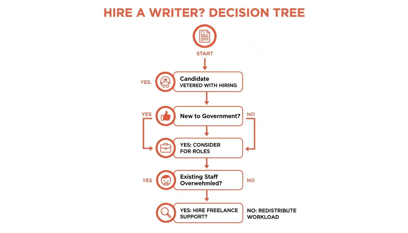 A decision tree flowchart titled 'Hire a Writer?' guiding steps for hiring or managing writing workload.