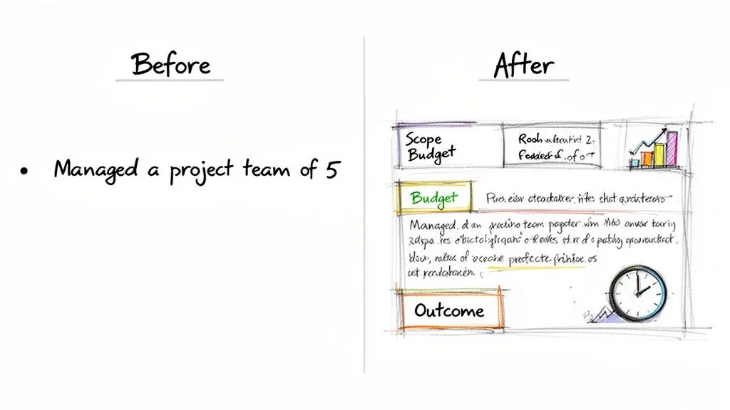 Before and After image showing transformation of a simple resume bullet point into a more detailed one.