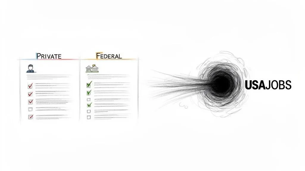 A comparison chart of private vs. federal job features, leading to a USAJOBS black hole.