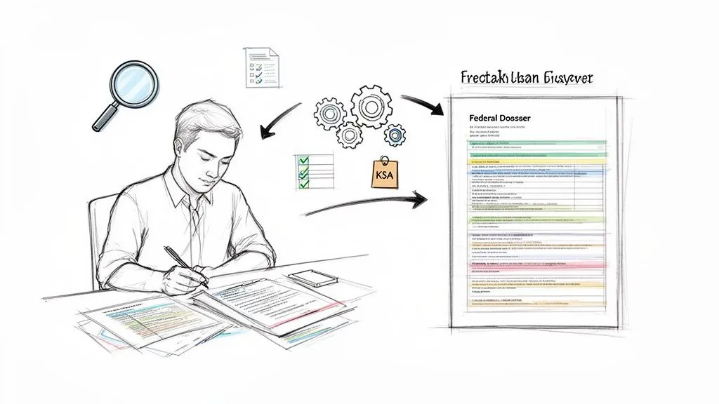 Hand-drawn image showing a person creating a federal dossier through a multi-step workflow.