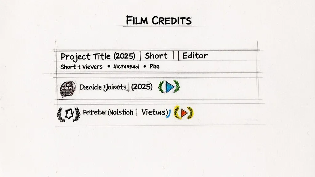 A hand-drawn sketch displaying film credits, including project titles, names, and play button icons, dated 2025.