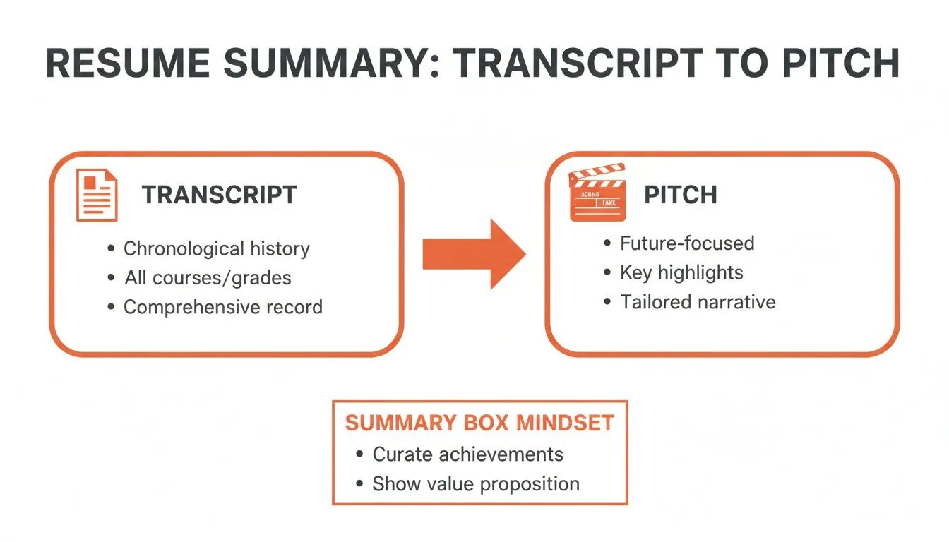 Diagram showing how to transform a resume transcript into a compelling, tailored pitch.