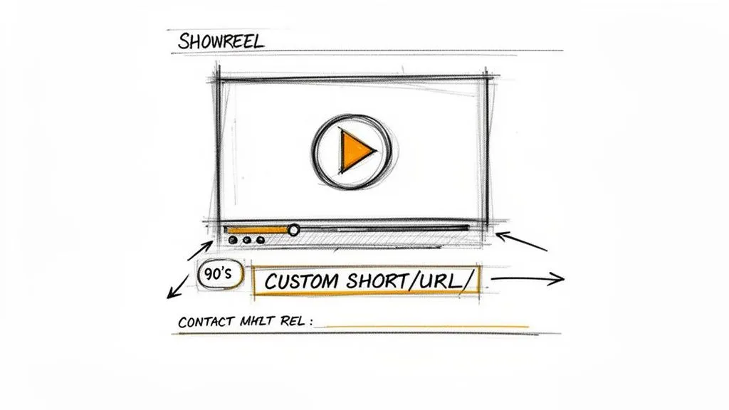 A hand-drawn sketch of a showreel video player with a play button, timeline, and options for a custom URL and contact information.