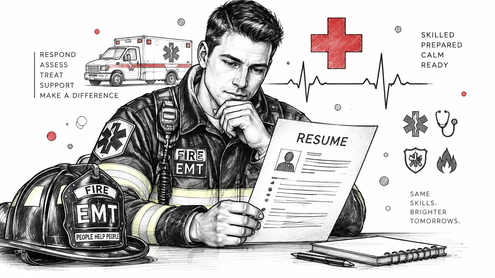 A detailed sketch of a firefighter EMT looking thoughtfully at a resume paper on a desk.