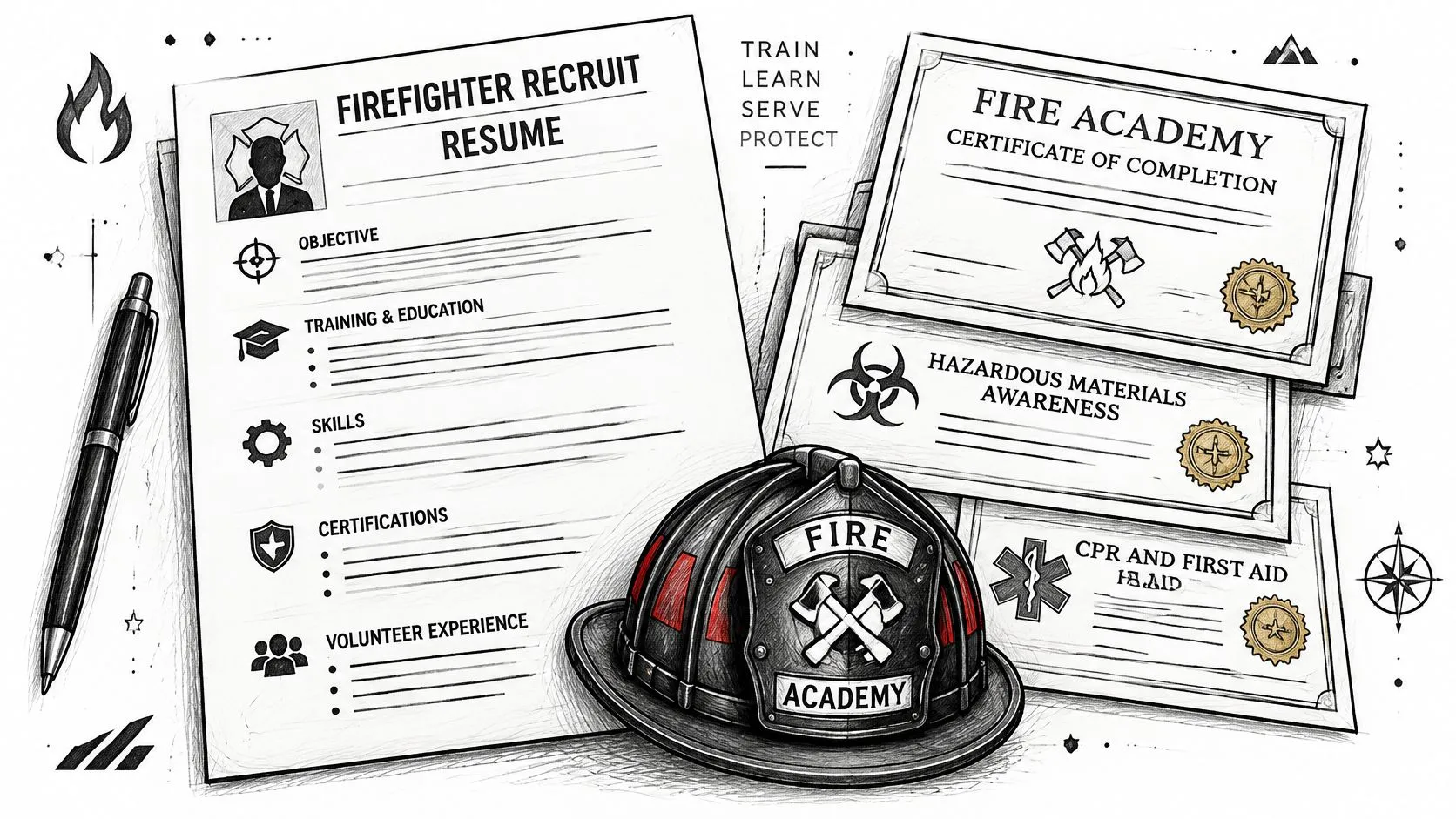 A detailed firefighter resume template displayed alongside a fire helmet and professional certification documents.