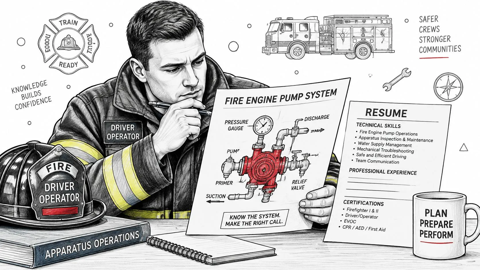 A firefighter reviewing a pump system diagram and resume, emphasizing professional development and apparatus operations training.