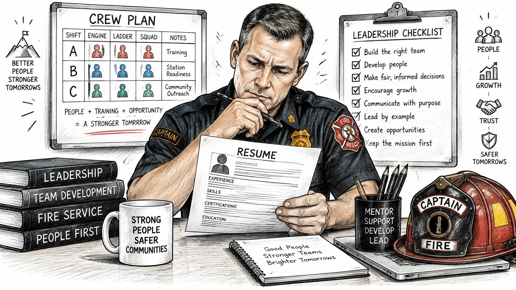 A focused fire captain reviewing a resume while surrounded by leadership and team development resources.