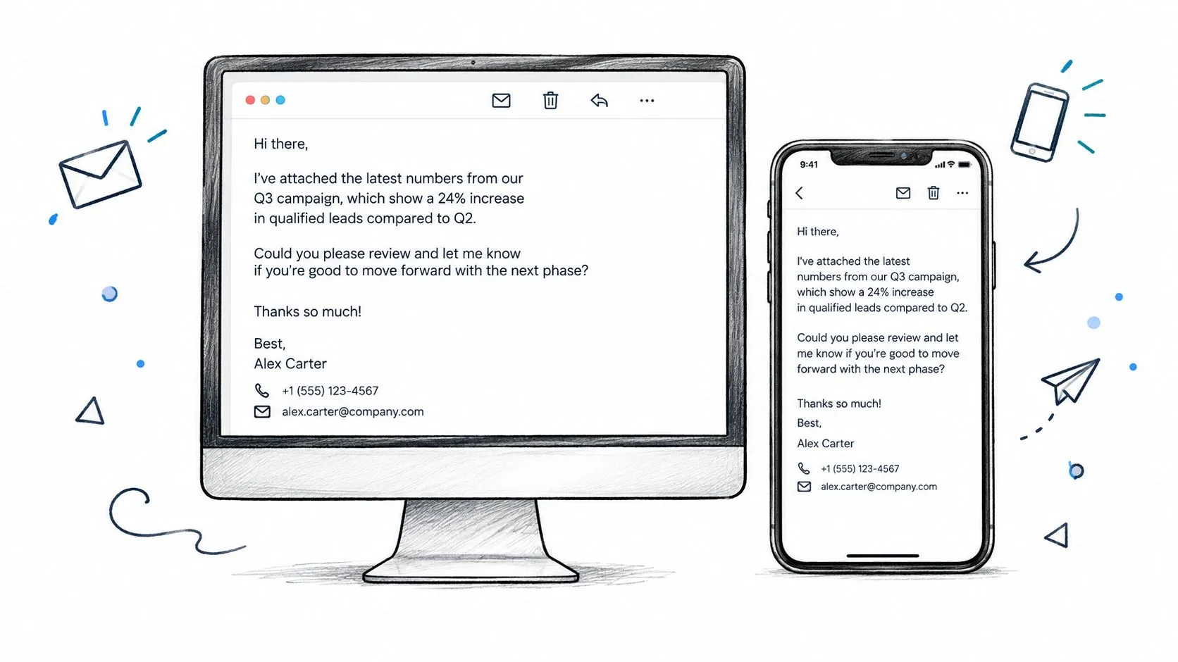 A hand-drawn illustration showing a computer monitor and smartphone displaying a professional follow-up email from Alex Carter.