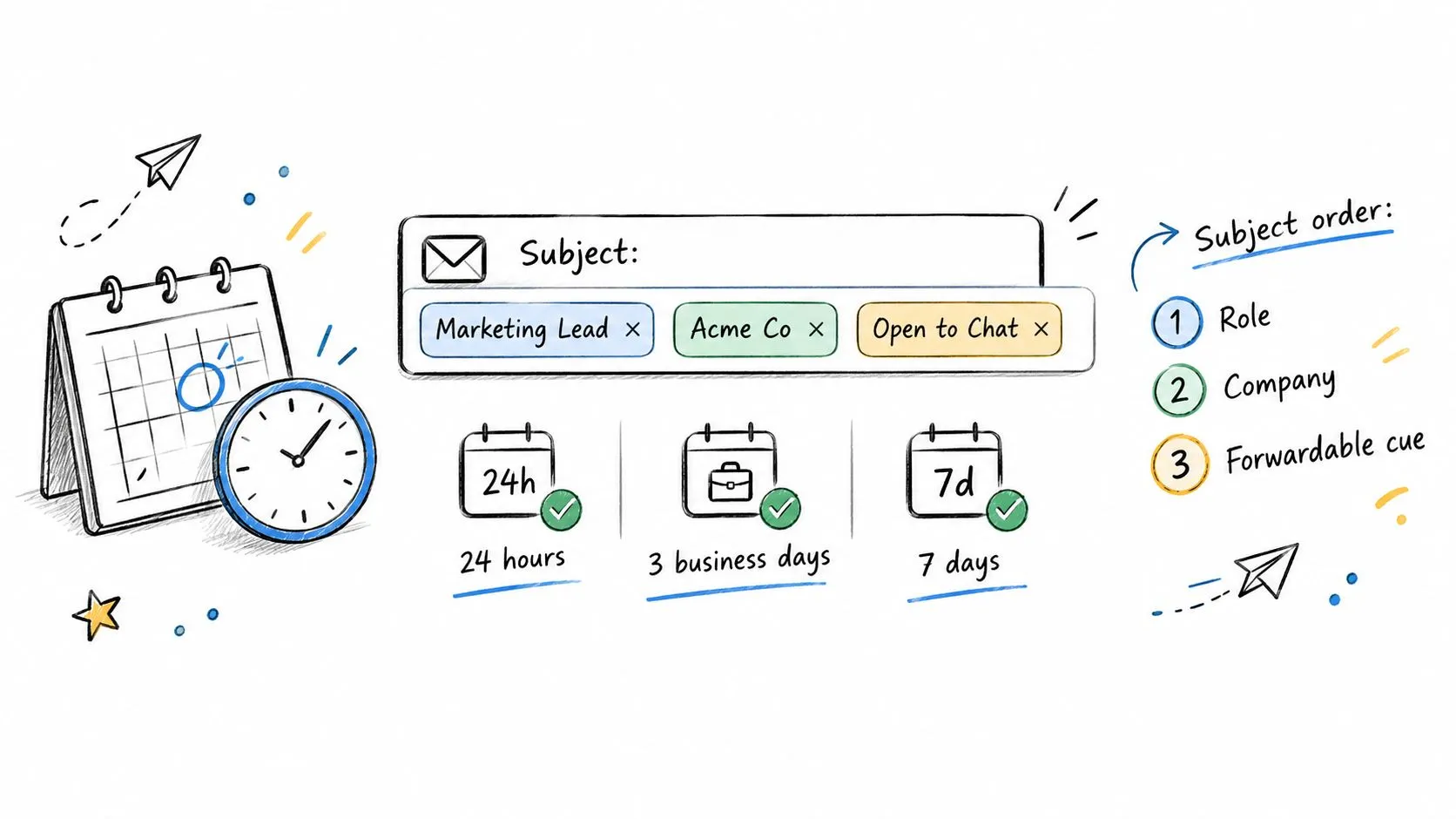 An infographic showing the optimal structure and timing for professional follow-up email subject lines.