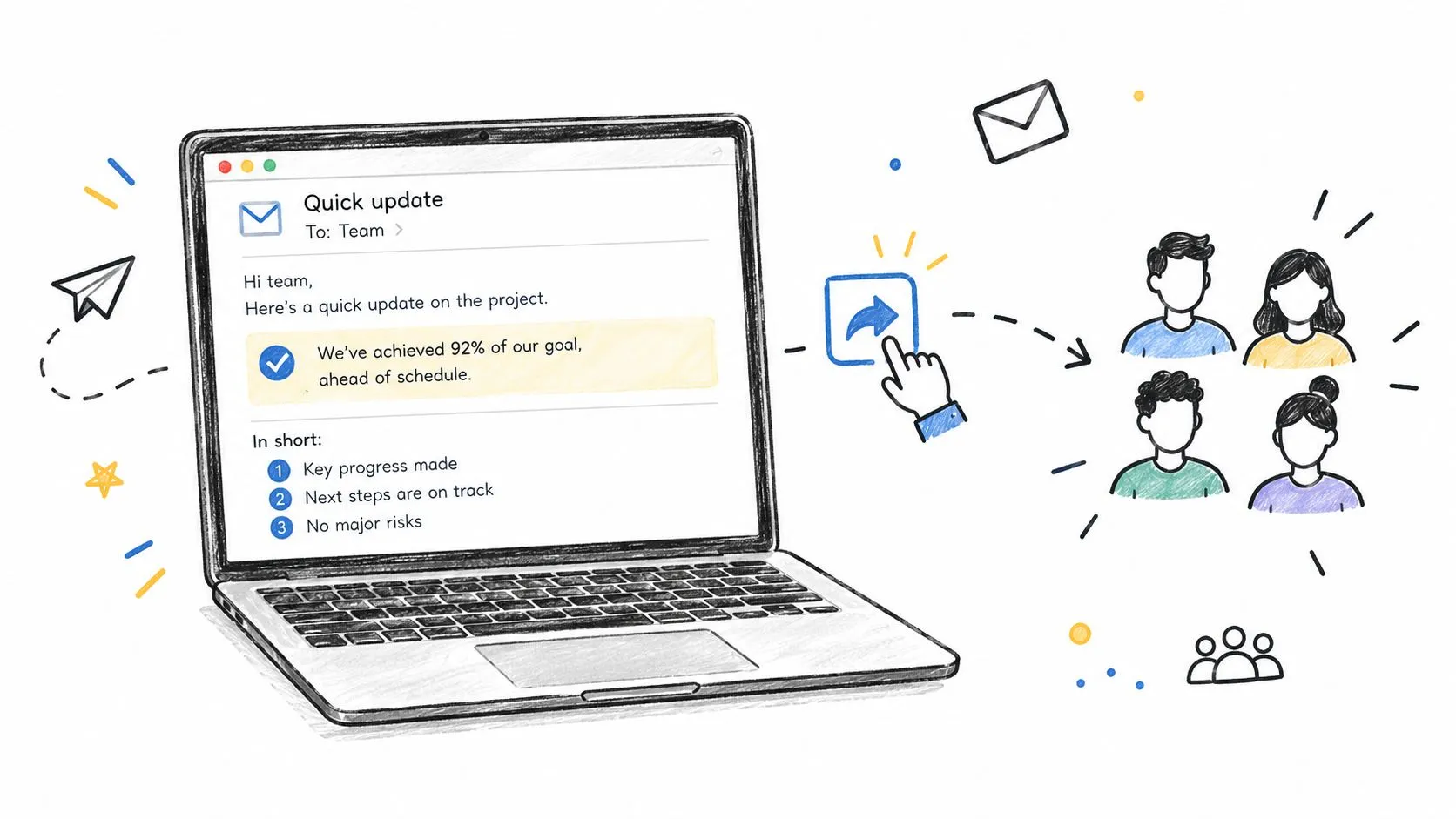 A sketched laptop displaying a team project update email with a share icon and team members.
