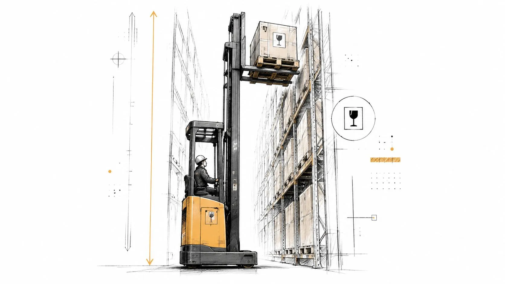 A forklift operator lifting a pallet with fragile goods in a large industrial warehouse storage facility.