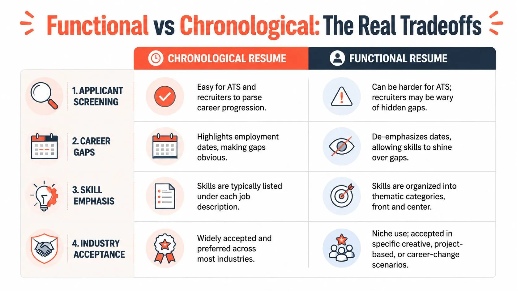 A comparison chart outlining the key differences between chronological and functional resume formats for job seekers.