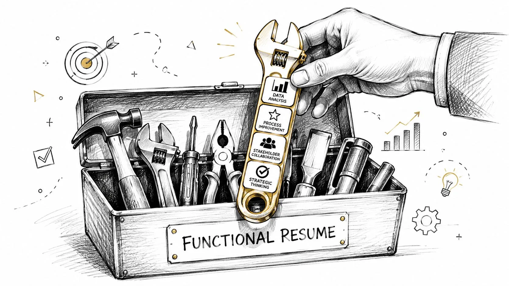 A conceptual illustration of a functional resume depicted as a toolkit with specialized tools for professional skills.