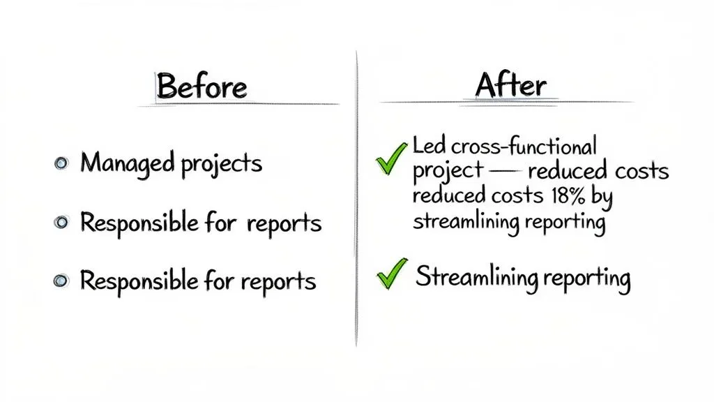 Before and After bullet points demonstrating how to make project descriptions more impactful.