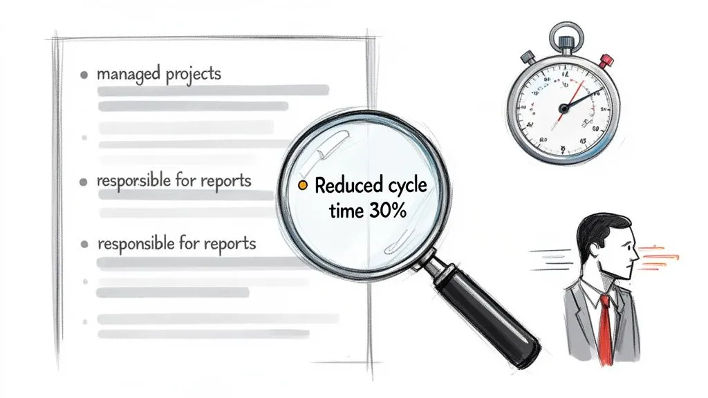 A diagram showcasing bullet points, a magnifying glass highlights 'Reduced cycle time 30%', with a stopwatch and a businessman.