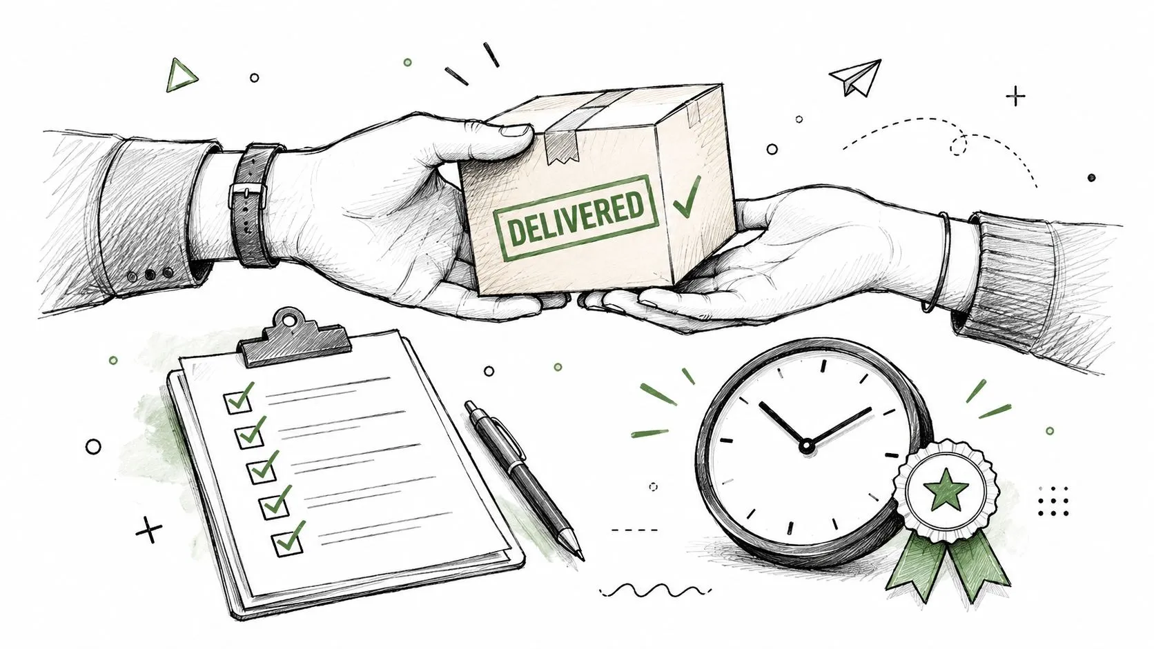 A line-art illustration depicting a handoff of a package marked delivered, with a checklist and clock.