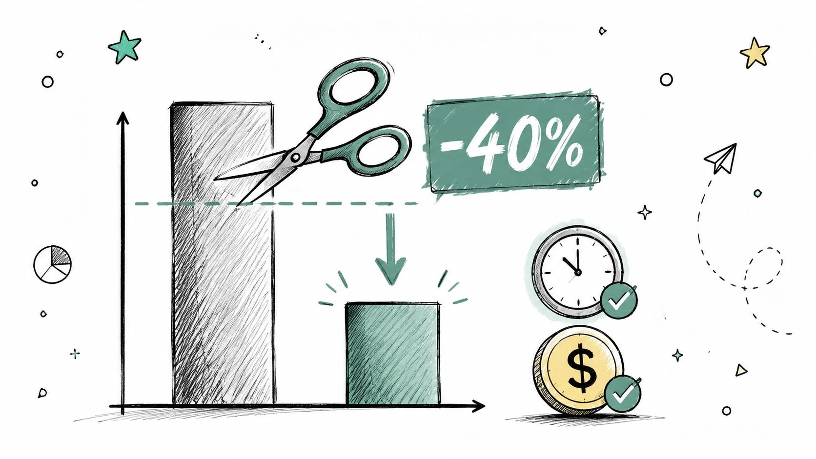 A hand-drawn illustration showing a bar chart being cut by scissors, representing a forty percent discount.