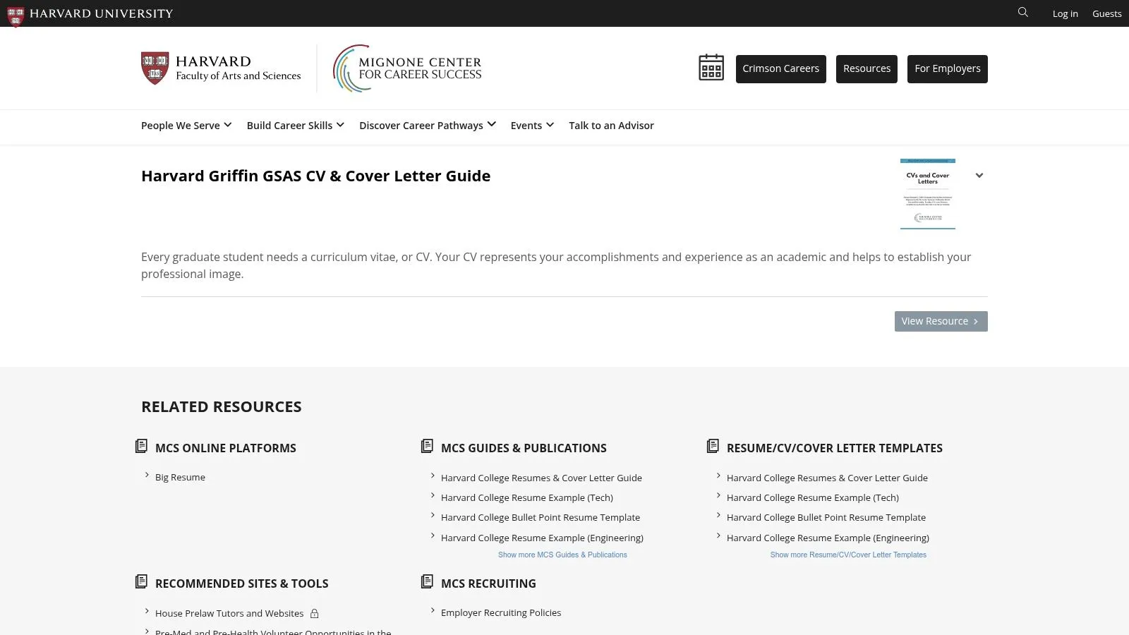 Harvard Griffin GSAS (Harvard FAS Mignone Center for Career Success) - CVs and Cover Letters