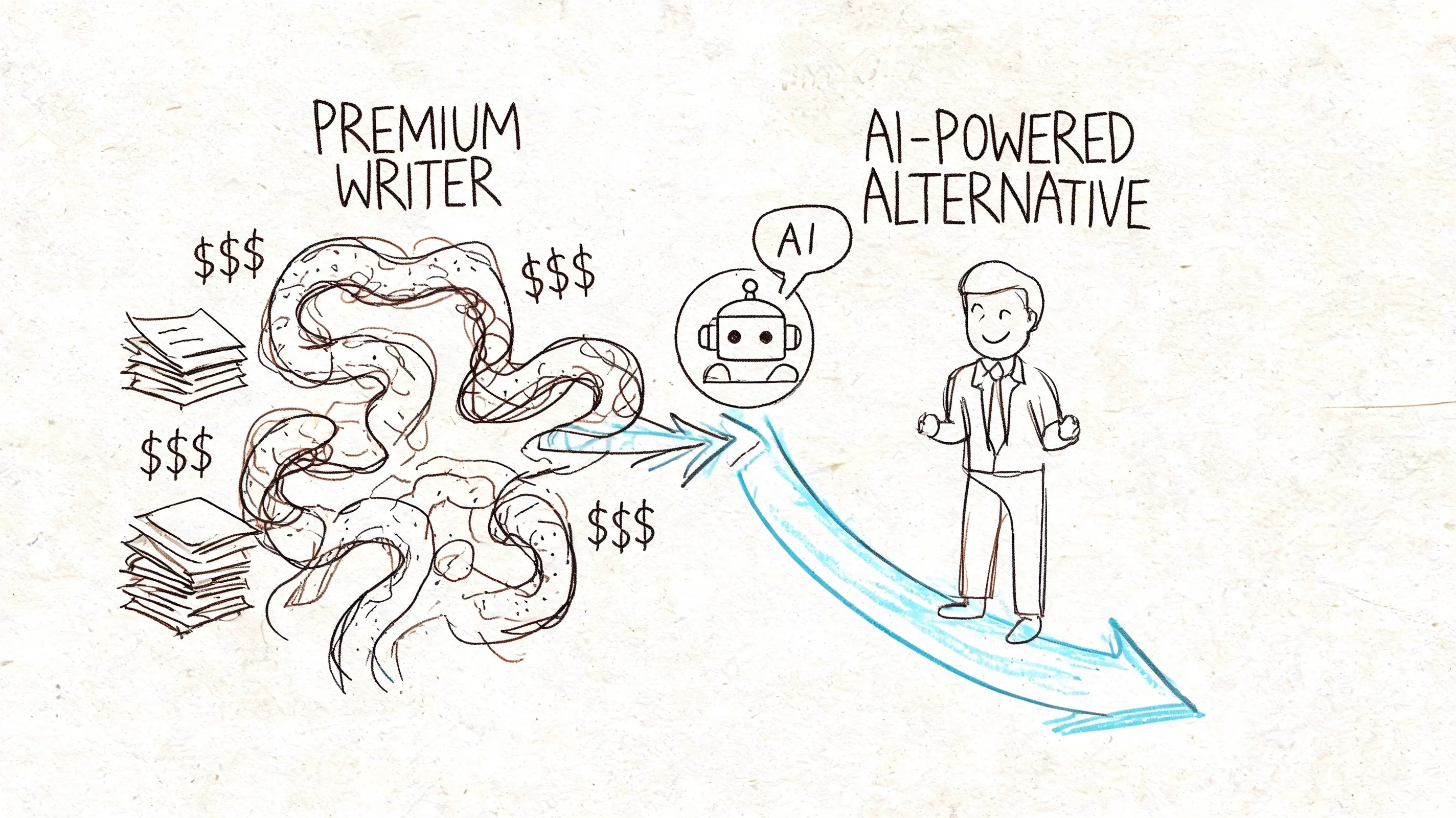 A diagram comparing a costly traditional premium writer to a more efficient AI-powered writing alternative.