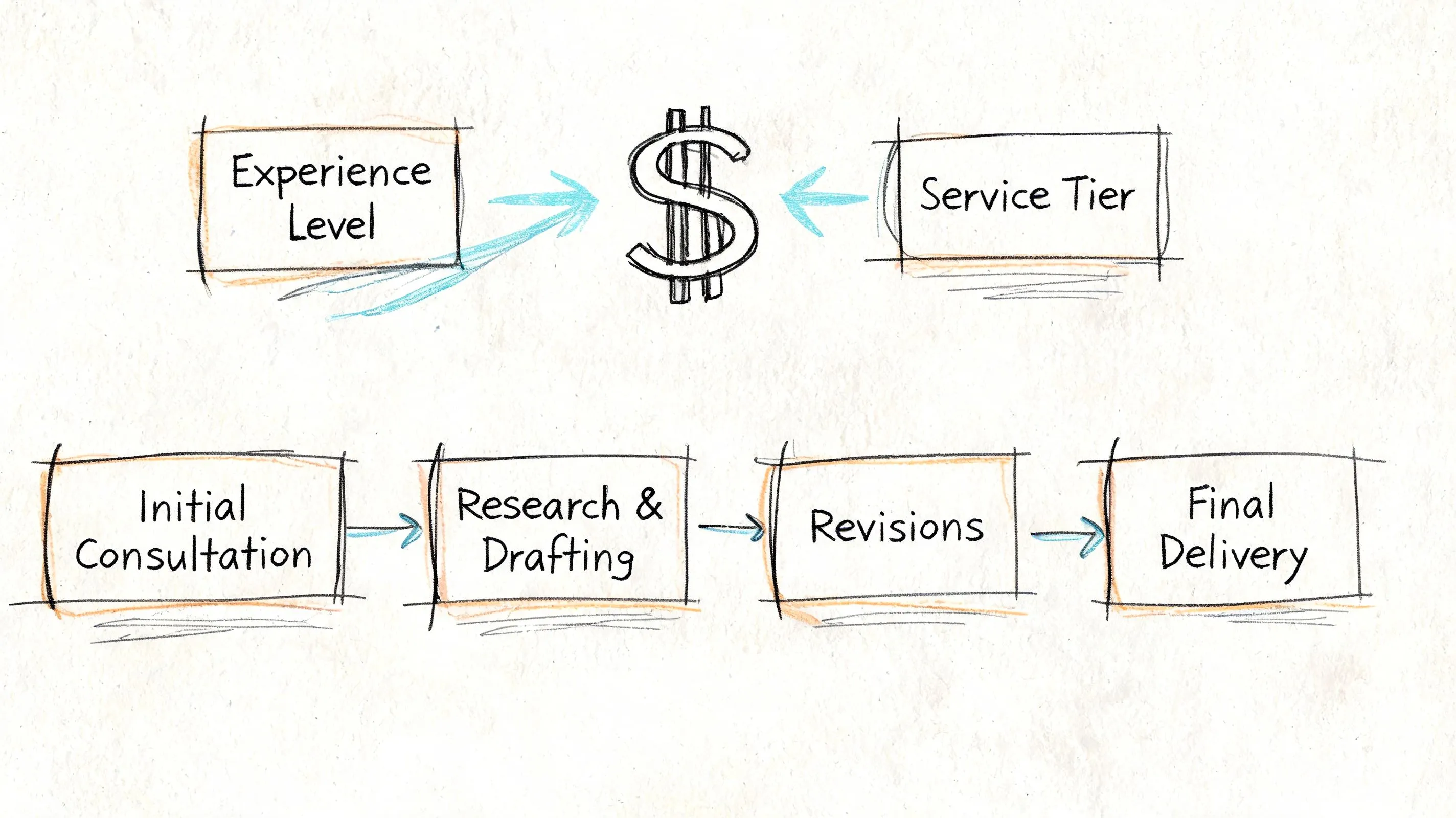A diagram illustrating the cost factors for hiring a resume writer and the standard service process steps.