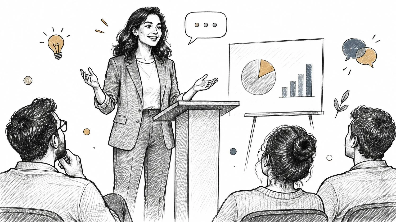 A businesswoman delivering a presentation to colleagues in a business setting, sketched in a modern style.