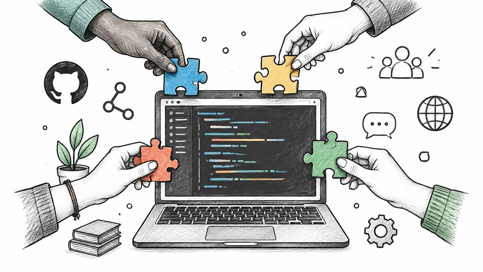 A pencil sketch of people's hands placing puzzle pieces into a laptop screen displaying computer code.