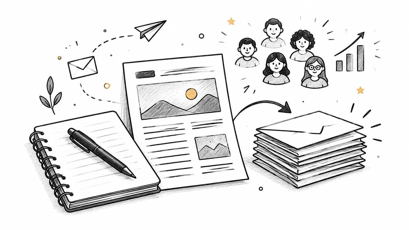 A hand-drawn illustration showing a notebook, a document, and a stack of mail representing content creation.