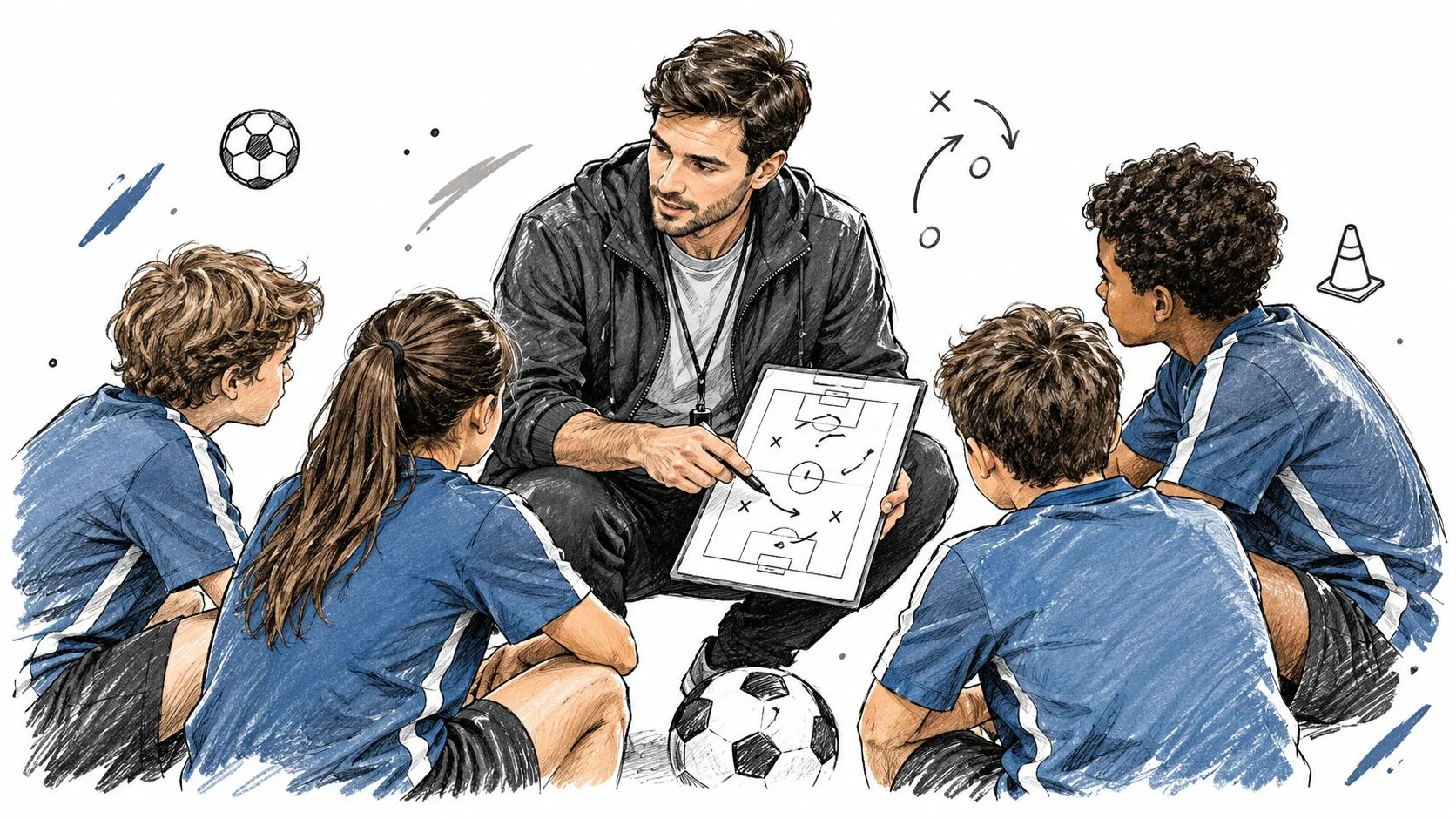 A male soccer coach explains a strategy on a tactical whiteboard to a group of young players.