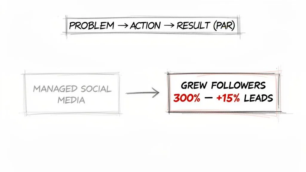 Diagram illustrating the PAR (Problem-Action-Result) framework with an example of managed social media leading to growth in followers and leads.