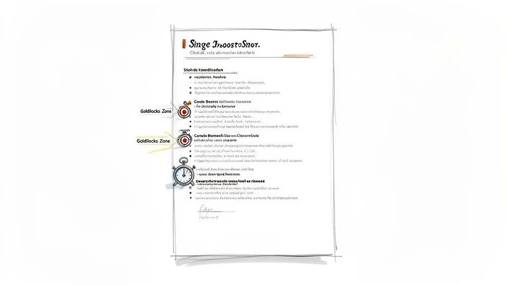 A hand-drawn resume sketch with sections, bullet points, Goldilocks Zone labels, target icons, and an alarm clock.
