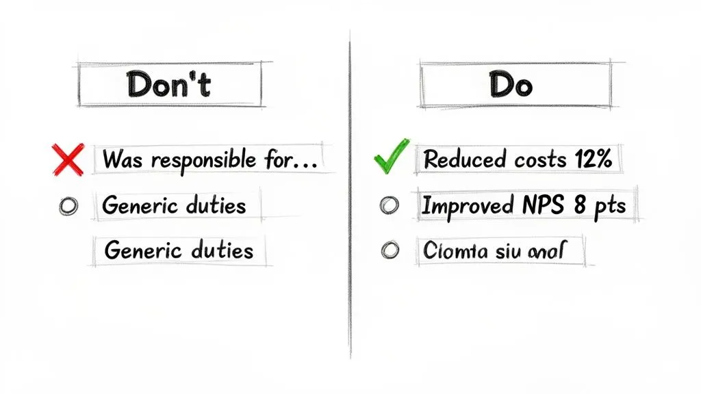 Comparison of generic (Don't) vs. achievement-oriented (Do) resume bullet points with examples.