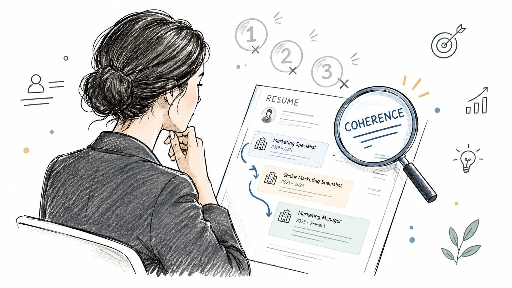 A professional analyzing a resume with a magnifying glass to check for career progression and logical coherence.